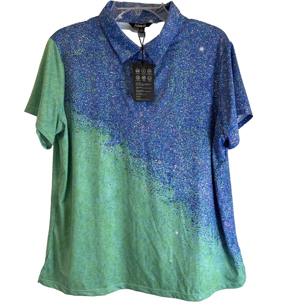 Acegolfs Polo Shirt Womens 2XL Abstract Splatter Blue Green Golf Performance NEW